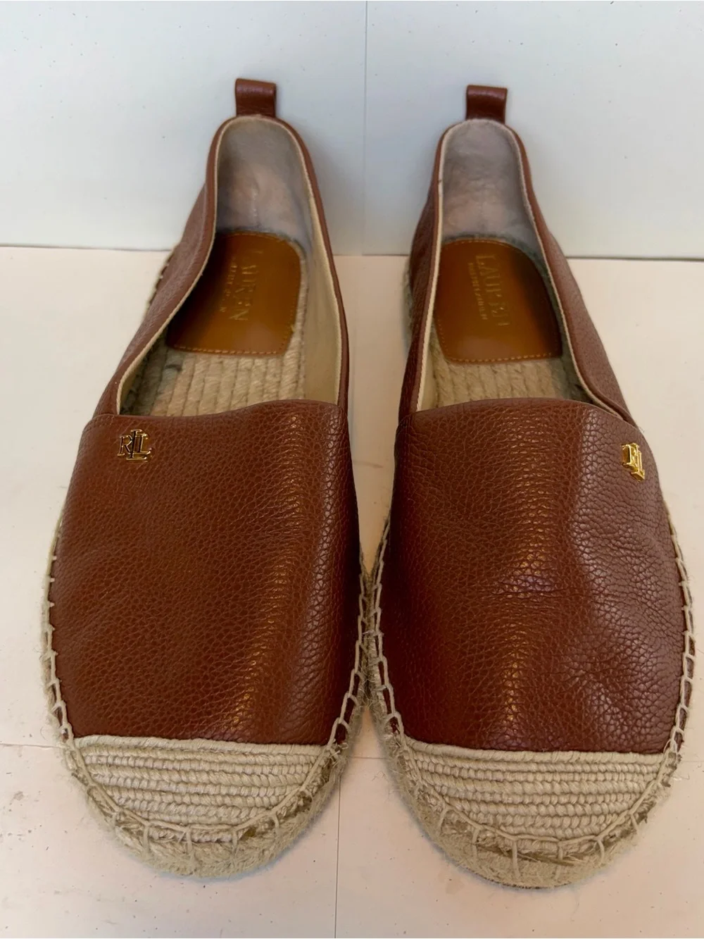 New Lauren Ralph Lauren Brown Pebbled Leather Espadrille Flats size 8